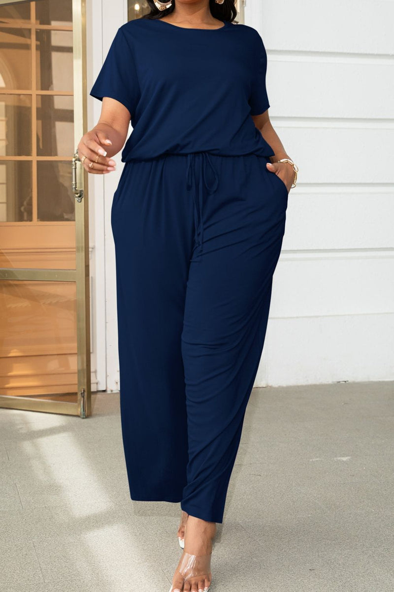 Plus Size Drawstring Waist Short Sleeve Jumpsuit - AnnieMae21