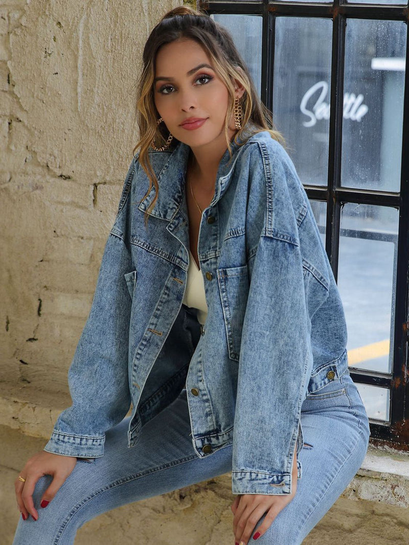 Collared Neck Dropped Shoulder Denim Jacket - AnnieMae21