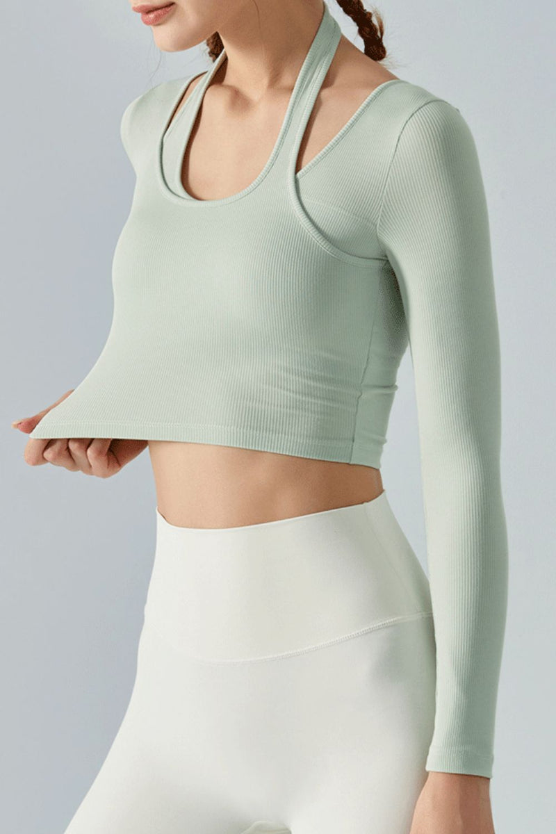 Halter Neck Long Sleeve Cropped Sports Top - AnnieMae21