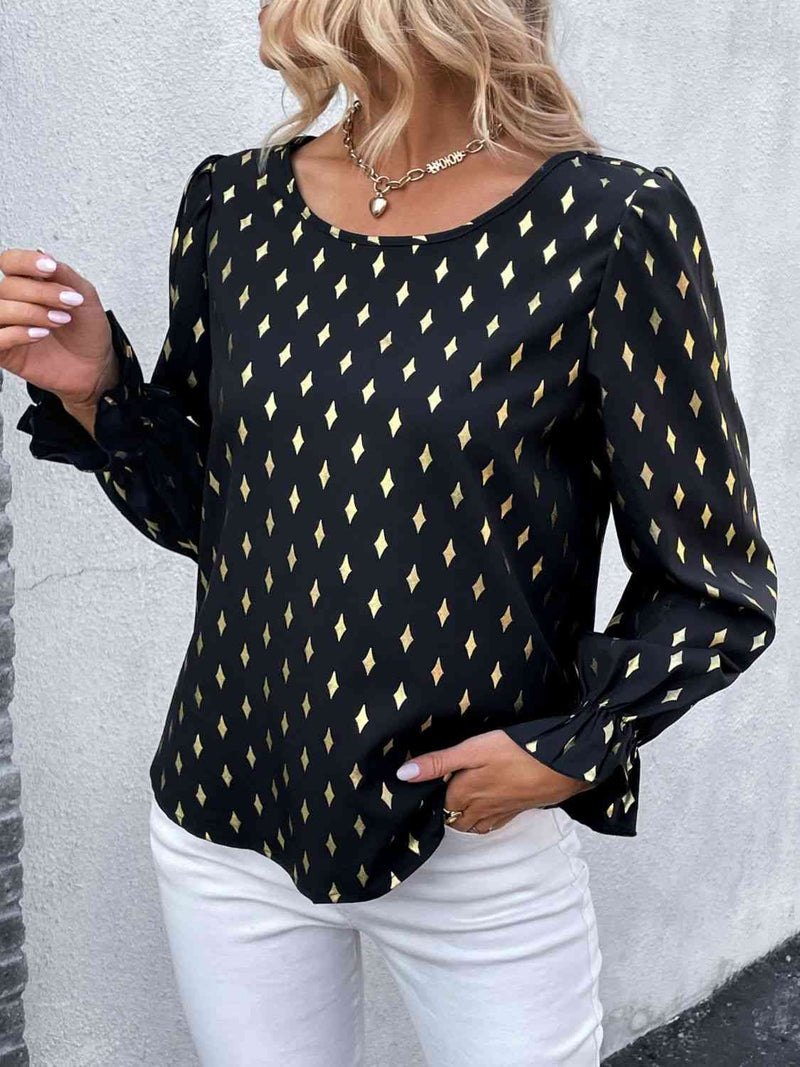 Double Take Printed Round Neck Flounce Sleeve Blouse - AnnieMae21