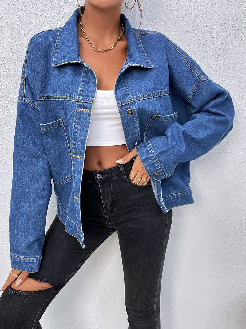 Collared Neck Dropped Shoulder Denim Jacket - AnnieMae21