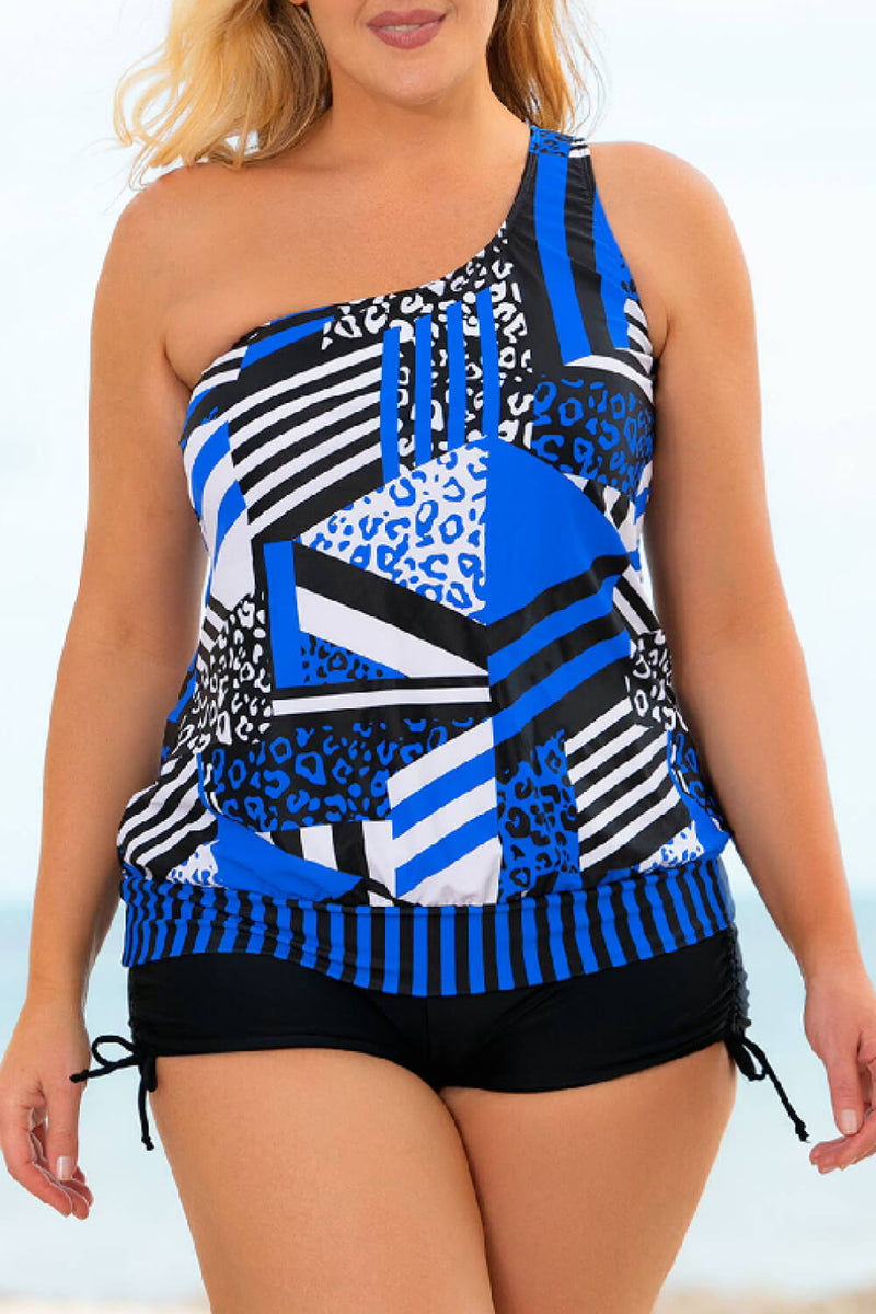 Plus Size Patchwork Tied One-Shoulder Tankini Set - AnnieMae21