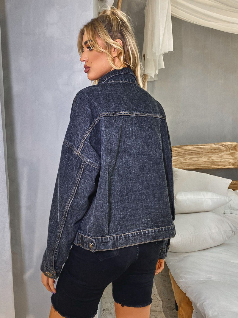 Collared Neck Dropped Shoulder Denim Jacket - AnnieMae21