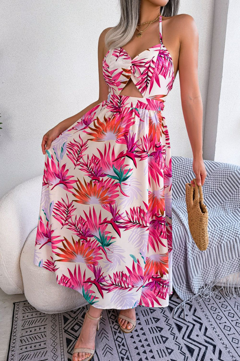 Botanical Print Tied Backless Cutout Slit Dress - AnnieMae21