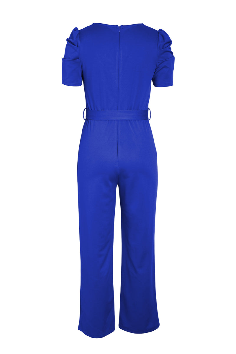 Belted Puff Sleeve V-Neck Jumpsuit - AnnieMae21