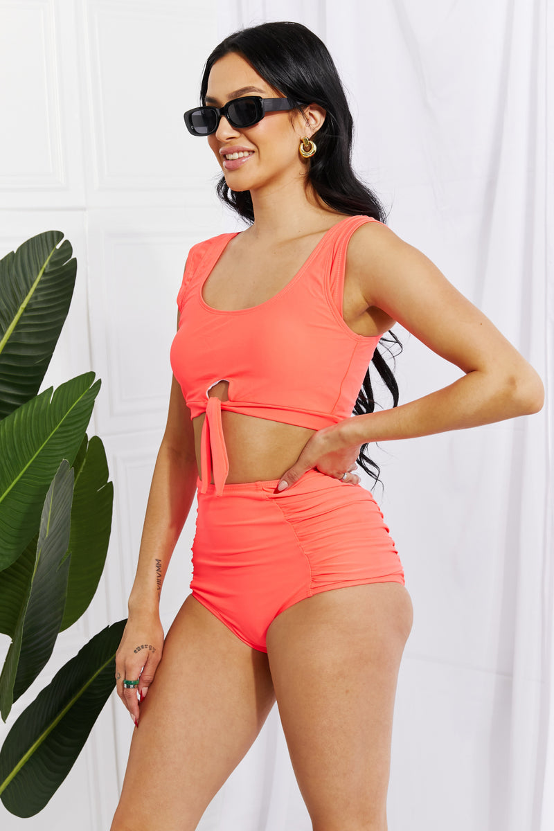 Marina West Swim Sanibel Crop Swim Top and Ruched Bottoms Set in Coral - AnnieMae21