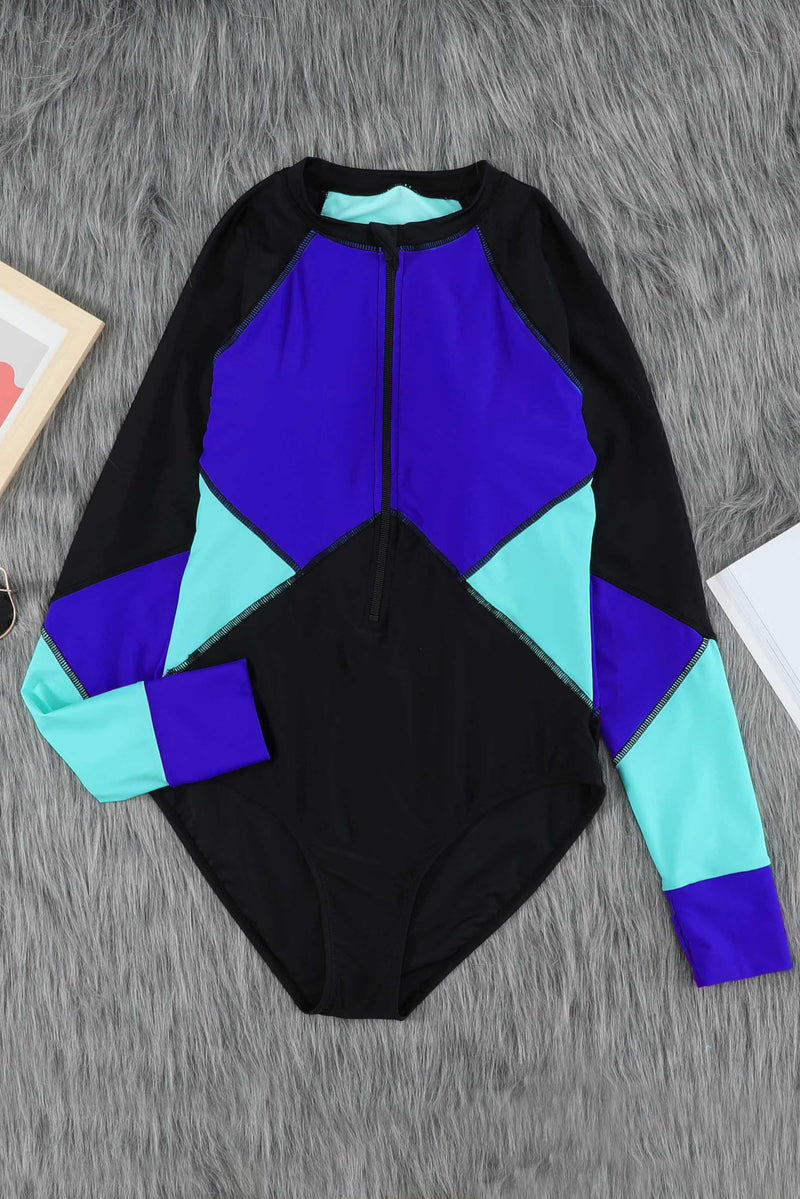 Color Block Half Zip Long Sleeve One-Piece Swimsuit - AnnieMae21