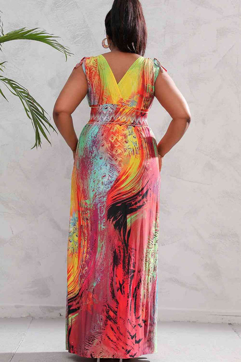 Plus Size Surplice Neck Smocked Waist Maxi Dress - AnnieMae21