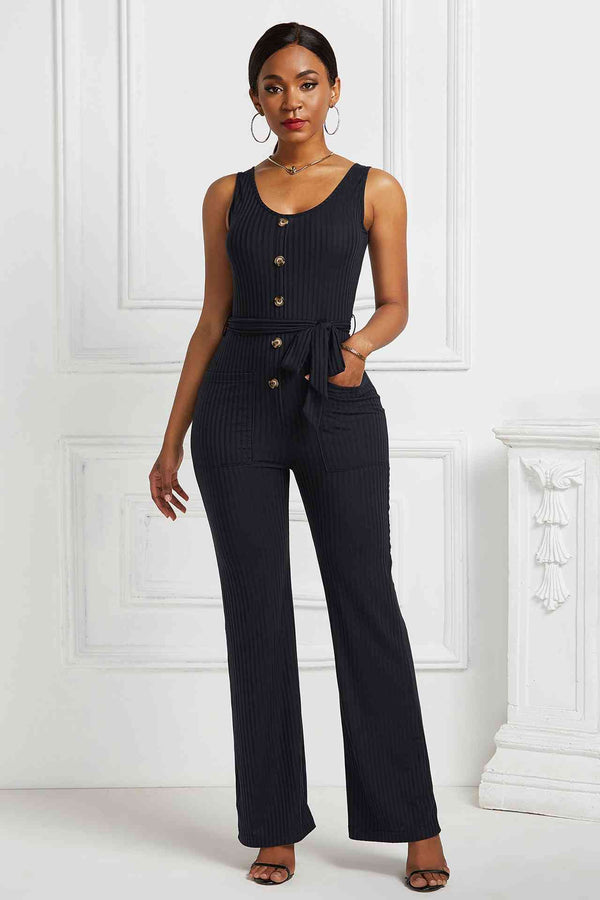 Button Detail Tie Waist Jumpsuit with Pockets - AnnieMae21