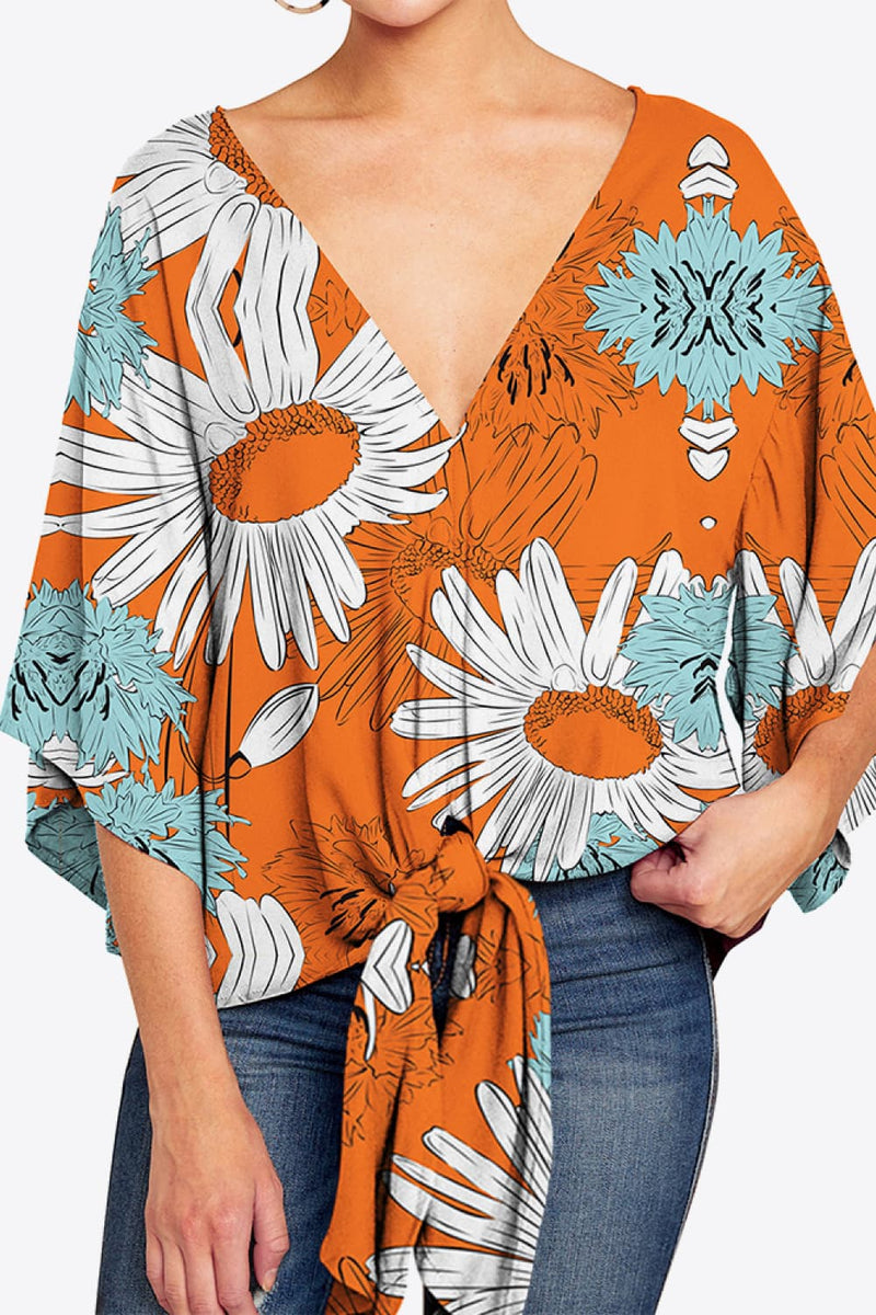 Printed Deep V Tie Hem Blouse - AnnieMae21