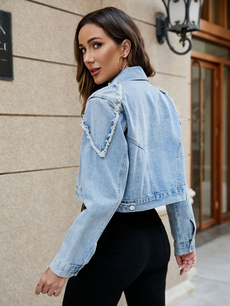 Cropped Collared Neck Denim Jacket - AnnieMae21