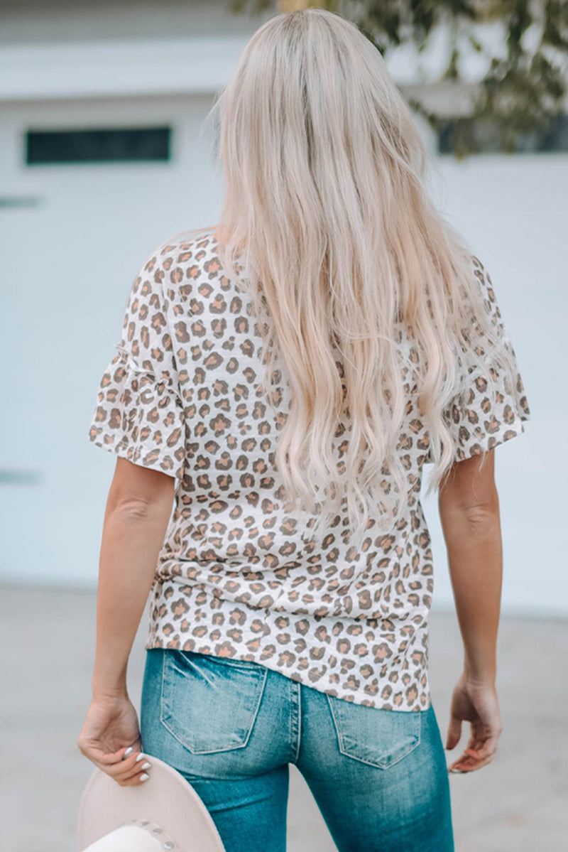 Leopard Buttoned Short Flounce Sleeve T-Shirt - AnnieMae21