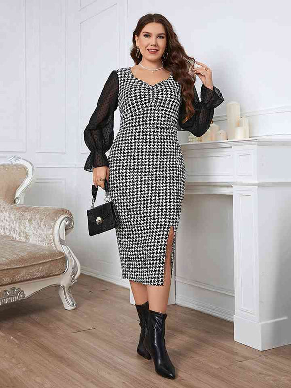 Plus Size Houndstooth Flounce Sleeve Slit Dress - AnnieMae21