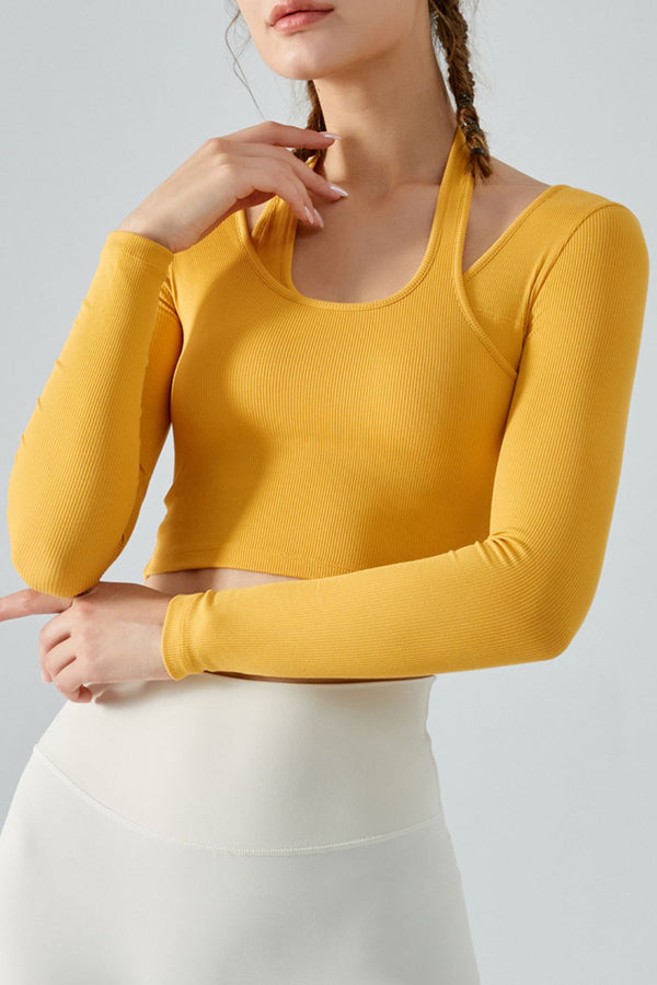 Halter Neck Long Sleeve Cropped Sports Top - AnnieMae21