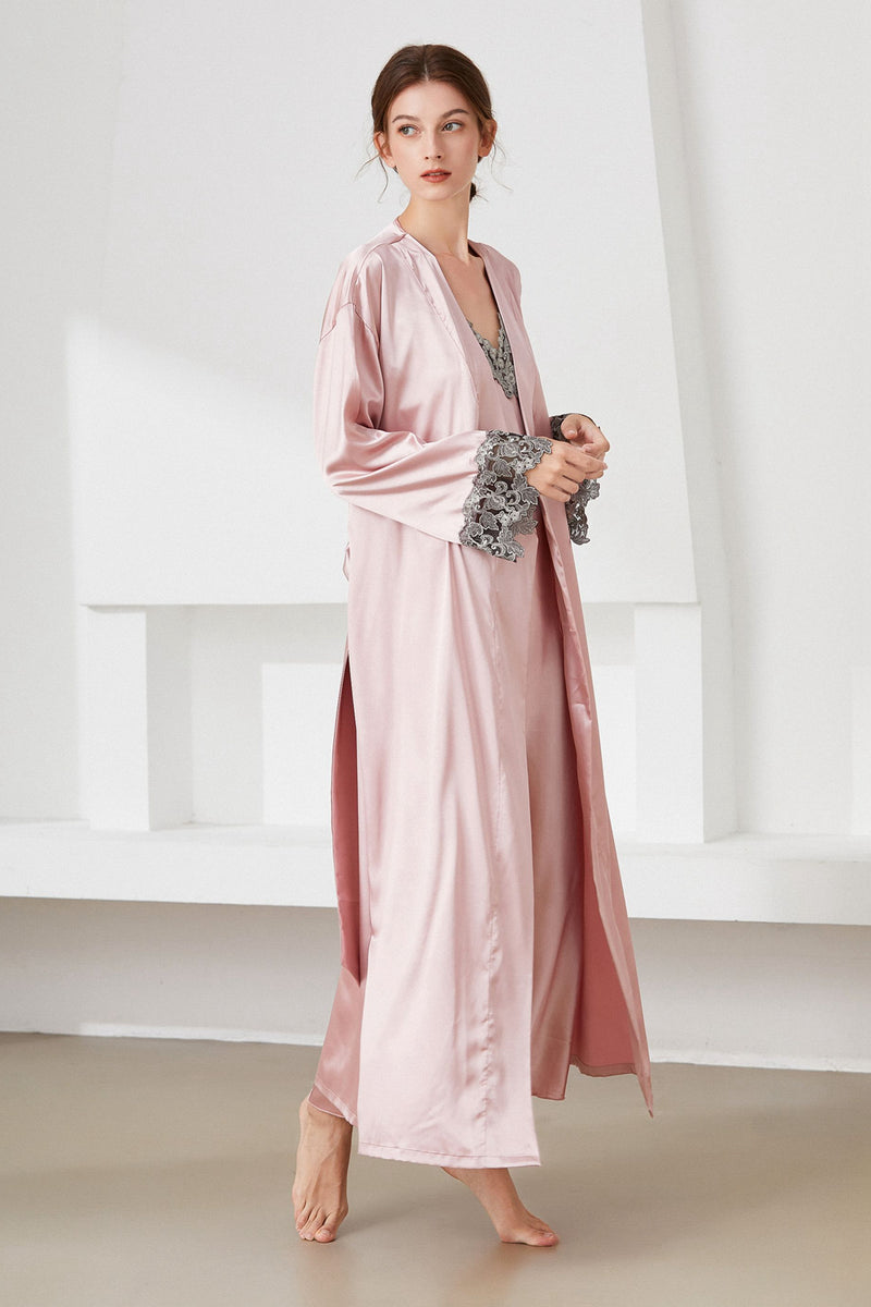 Contrast Lace Trim Satin Night Dress and Robe Set - AnnieMae21