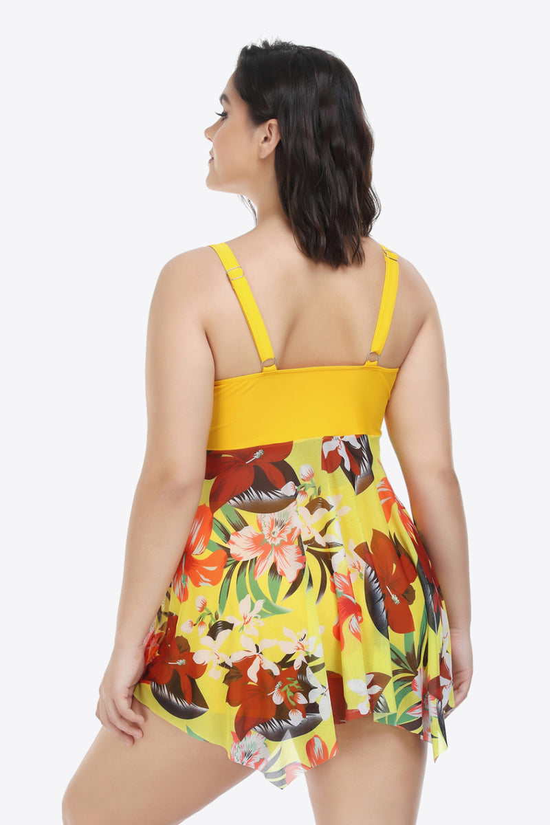 Plus Size Floral Two-Tone Asymmetrical Hem Two-Piece Swimsuit - AnnieMae21