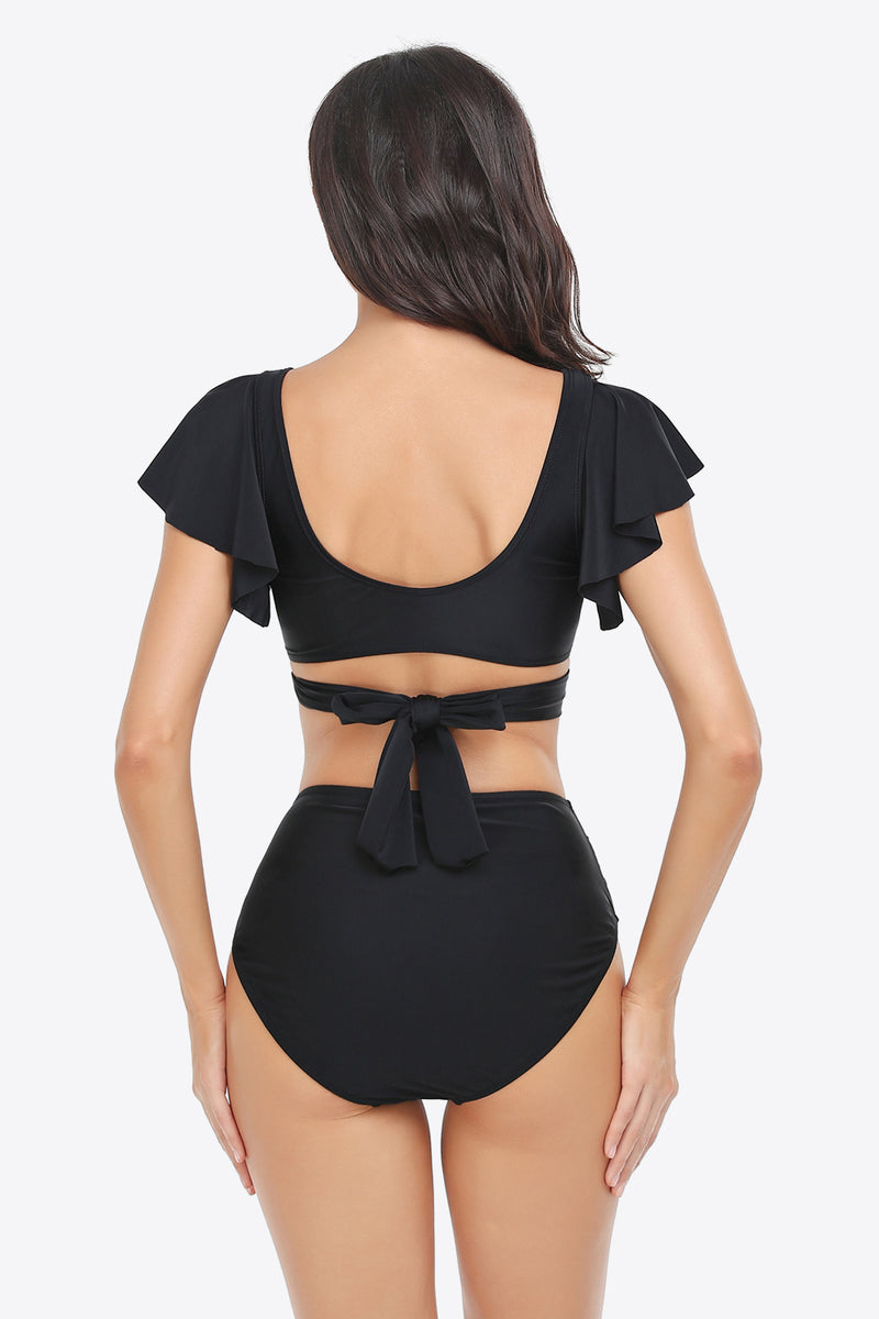 Two-Tone Flutter Sleeve Tied Two-Piece Swimsuit - AnnieMae21