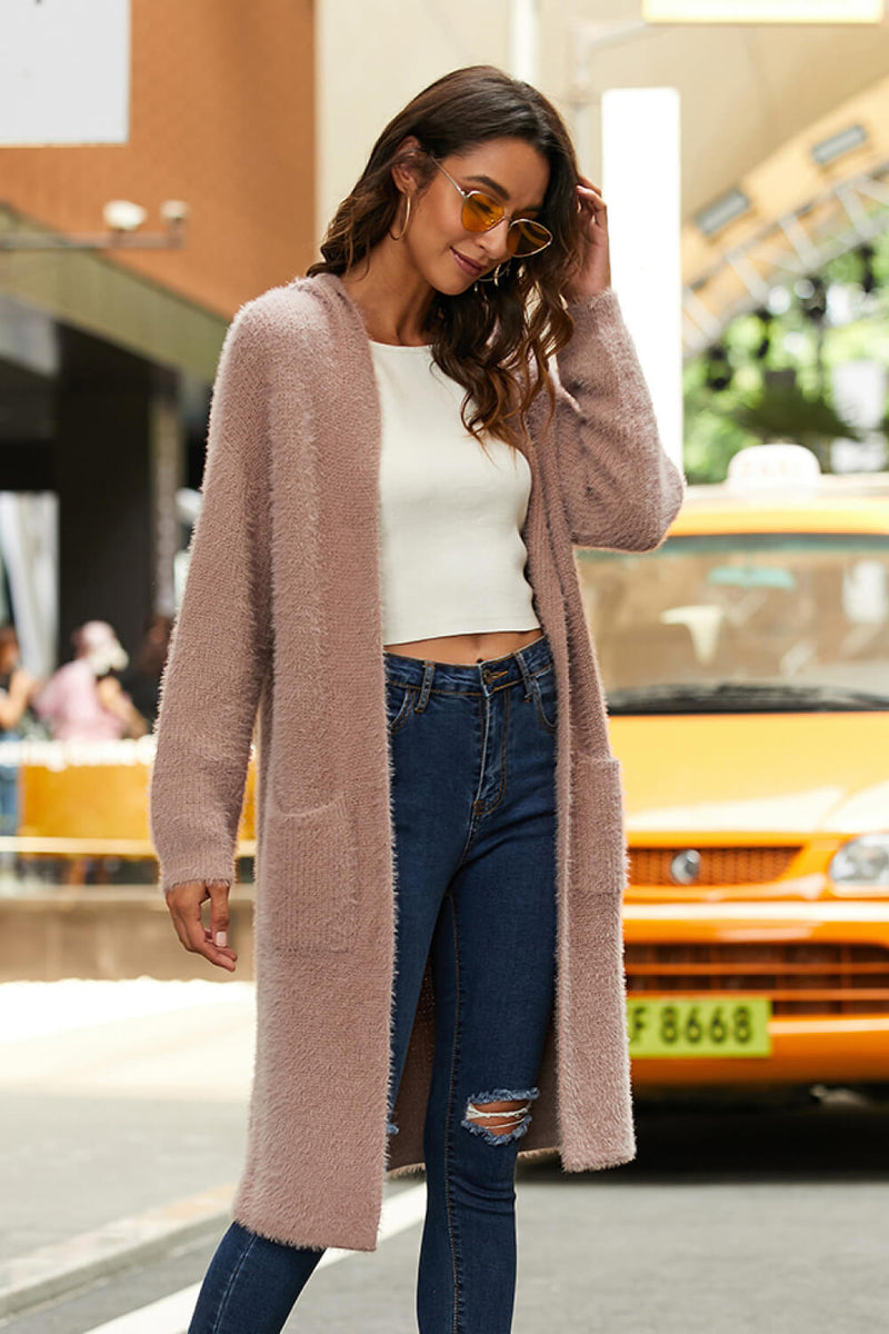 Open Front Long Sleeve Slit Hooded Cardigan - AnnieMae21