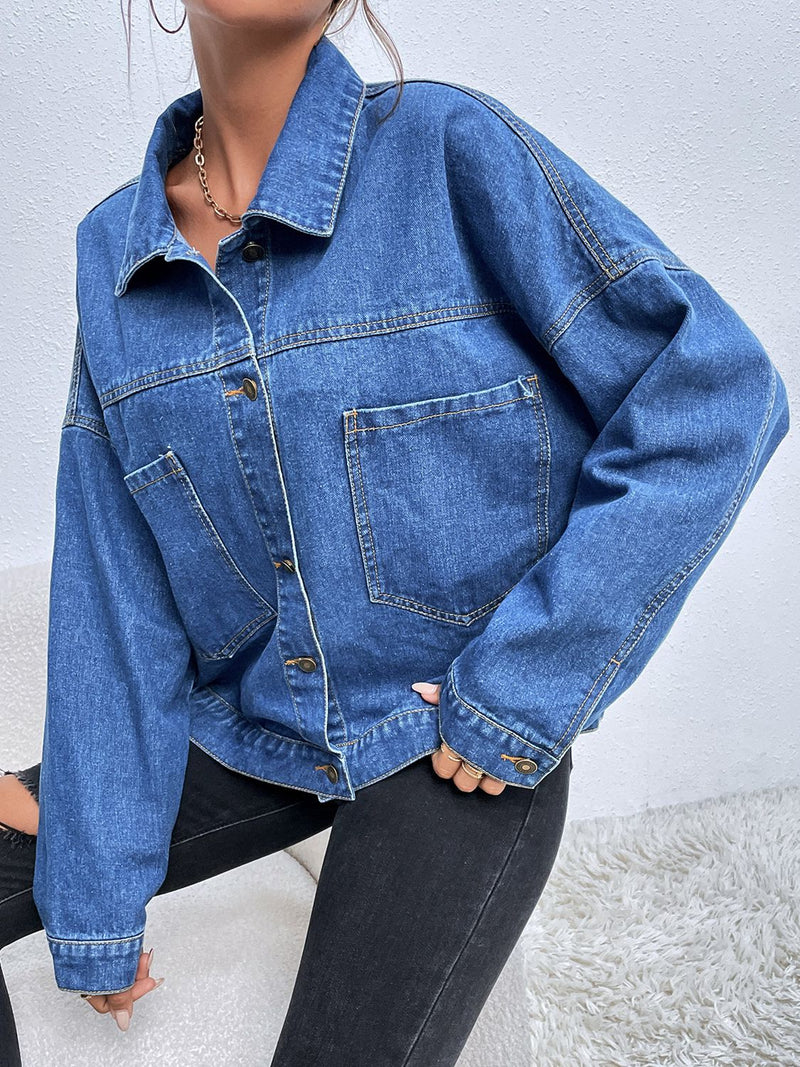 Collared Neck Dropped Shoulder Denim Jacket - AnnieMae21