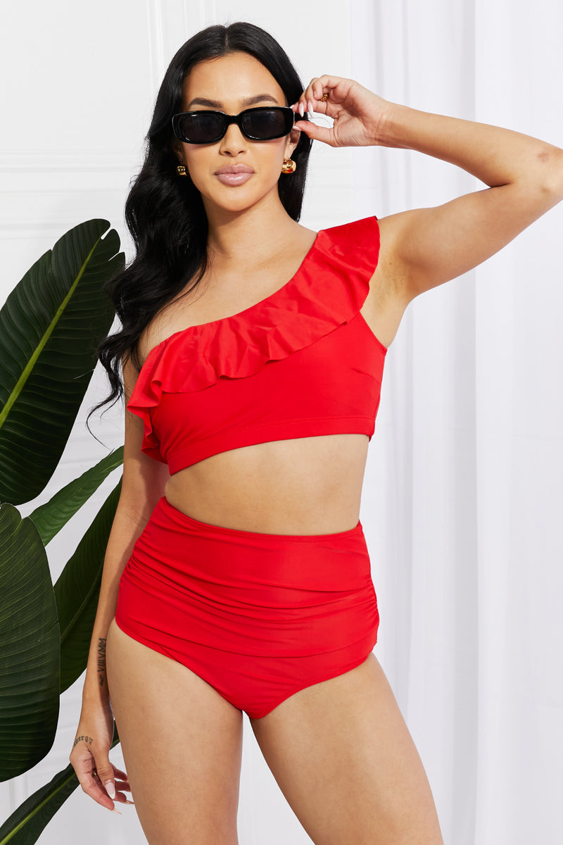 Marina West Swim Seaside Romance Ruffle One-Shoulder Bikini in Red - AnnieMae21