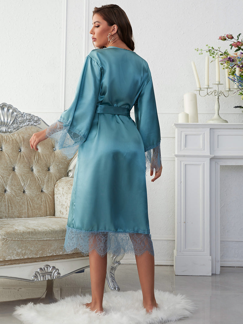 Scalloped Trim Tie-Waist Spliced Lace Robe - AnnieMae21