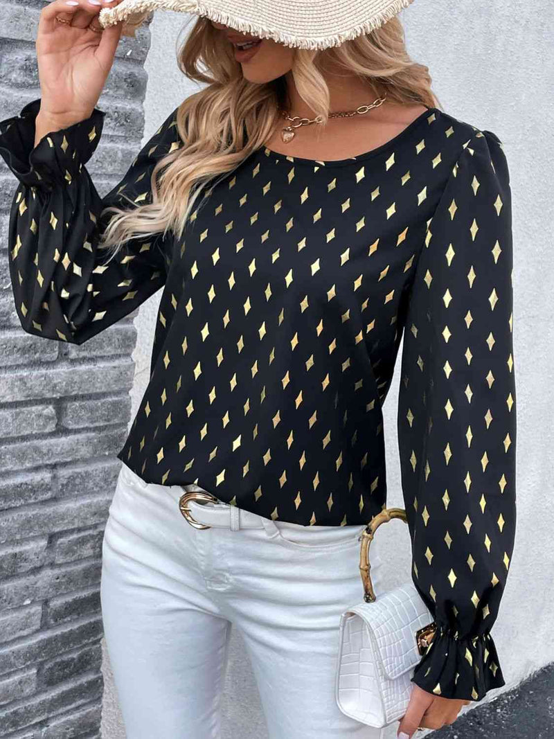 Double Take Printed Round Neck Flounce Sleeve Blouse - AnnieMae21