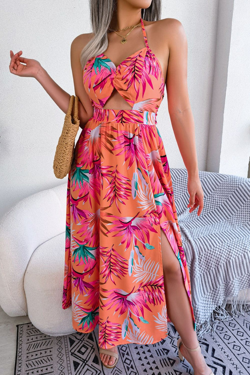 Botanical Print Tied Backless Cutout Slit Dress - AnnieMae21