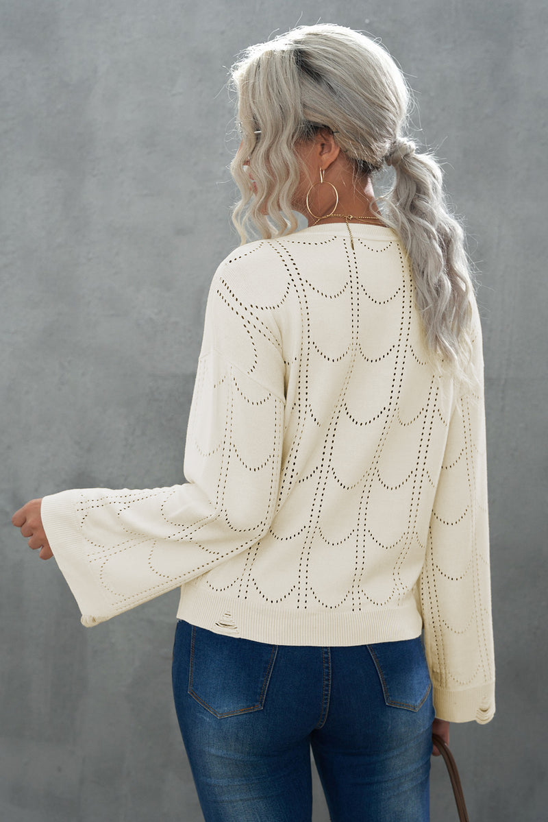 Openwork Flare Sleeve Pullover Sweater - AnnieMae21