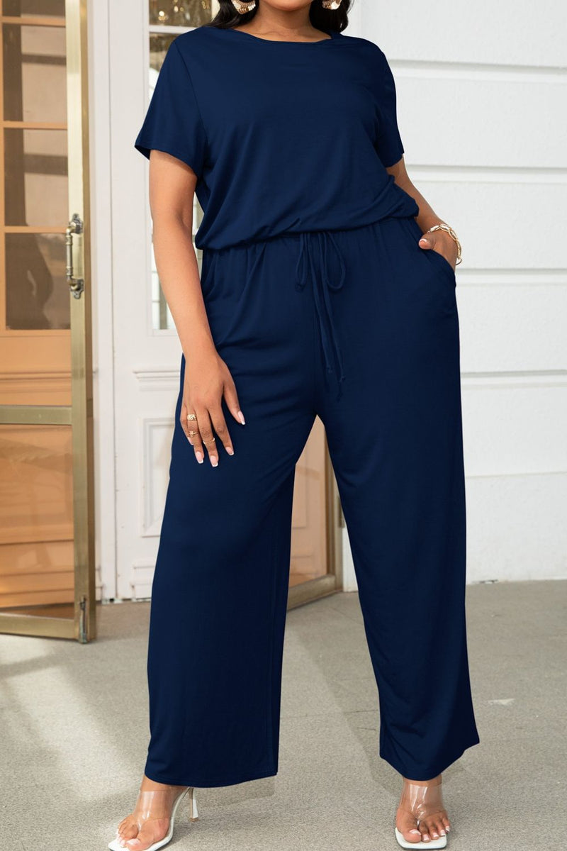 Plus Size Drawstring Waist Short Sleeve Jumpsuit - AnnieMae21