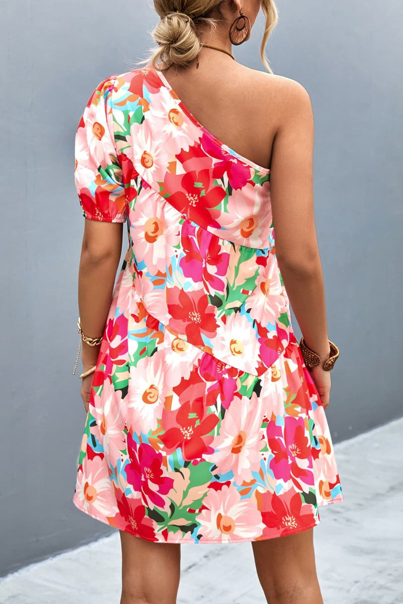 Floral One-Shoulder Puff Sleeve Dress - AnnieMae21