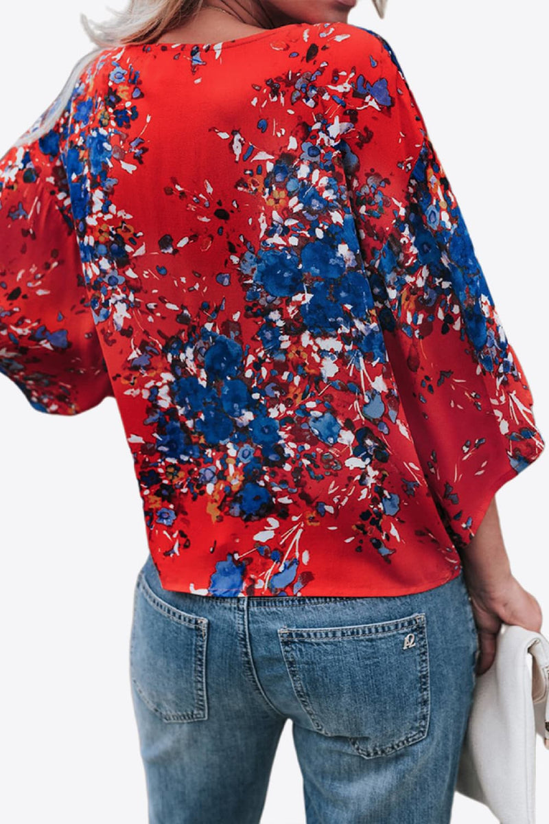 Printed Deep V Tie Hem Blouse - AnnieMae21