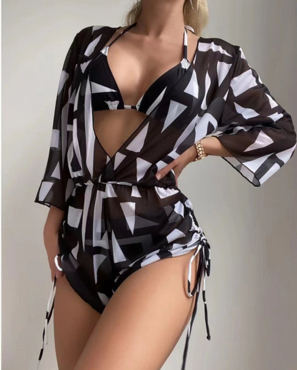 Women's Tropical Print Tie High Waist Bikini Three-Piece Set - AnnieMae21