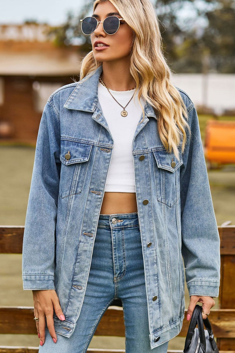 Buttoned Collared Neck Denim Jacket with Pockets - AnnieMae21