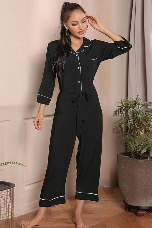 Contrast Belted Lapel Collar Jumpsuit - AnnieMae21