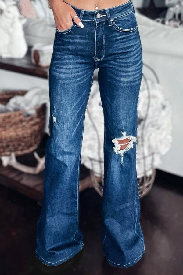 Asymmetrical Open Knee Distressed Flare Jeans - AnnieMae21