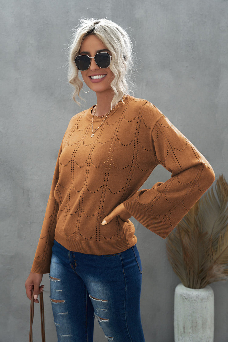 Openwork Flare Sleeve Pullover Sweater - AnnieMae21