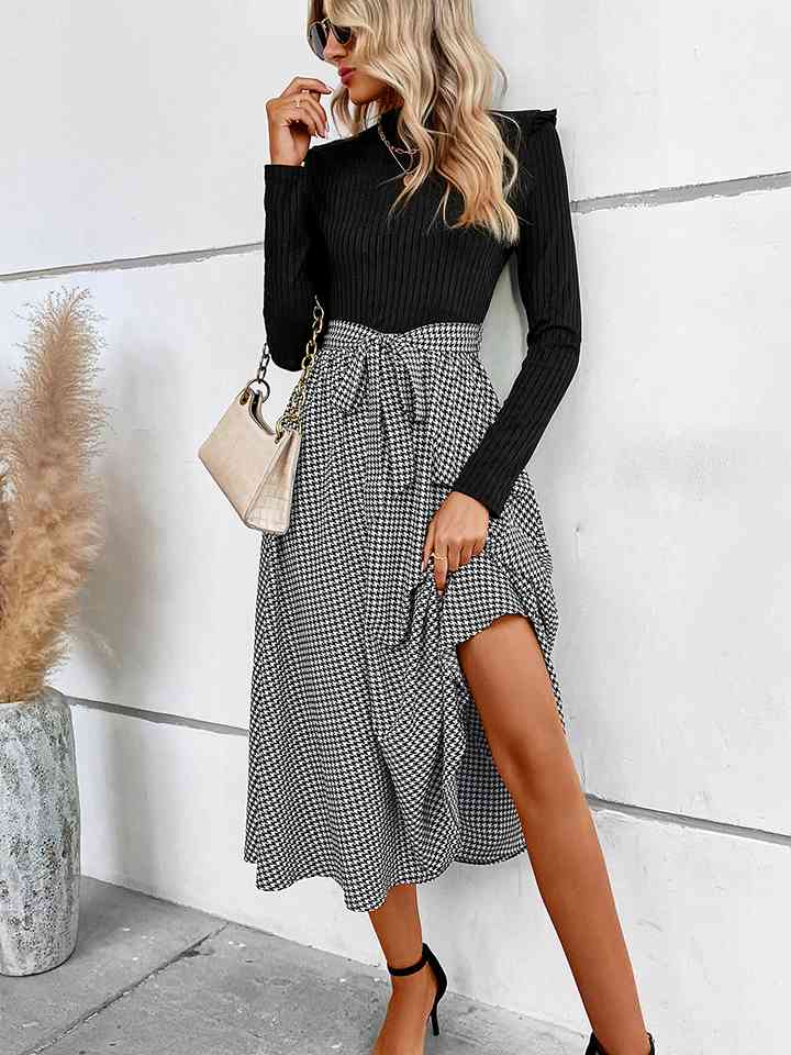 Ribbed Round Neck Long Sleeve Tie Waist Midi Dress - AnnieMae21