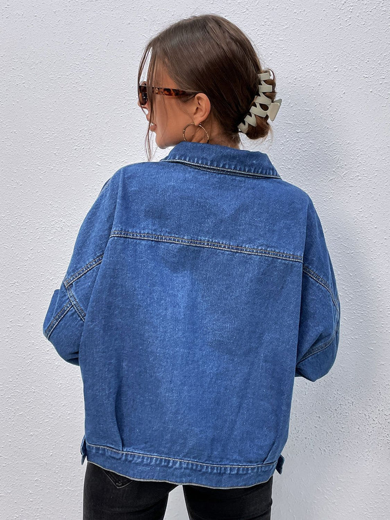 Collared Neck Dropped Shoulder Denim Jacket - AnnieMae21