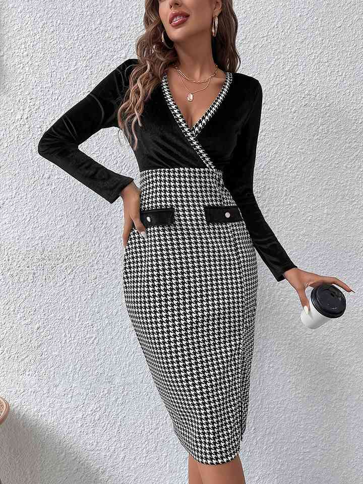 Surplice Neck Houndstooth Dress - AnnieMae21