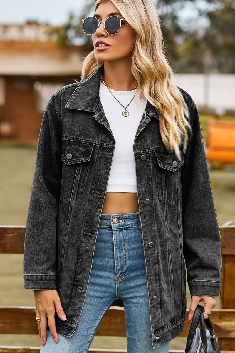 Buttoned Collared Neck Denim Jacket with Pockets - AnnieMae21