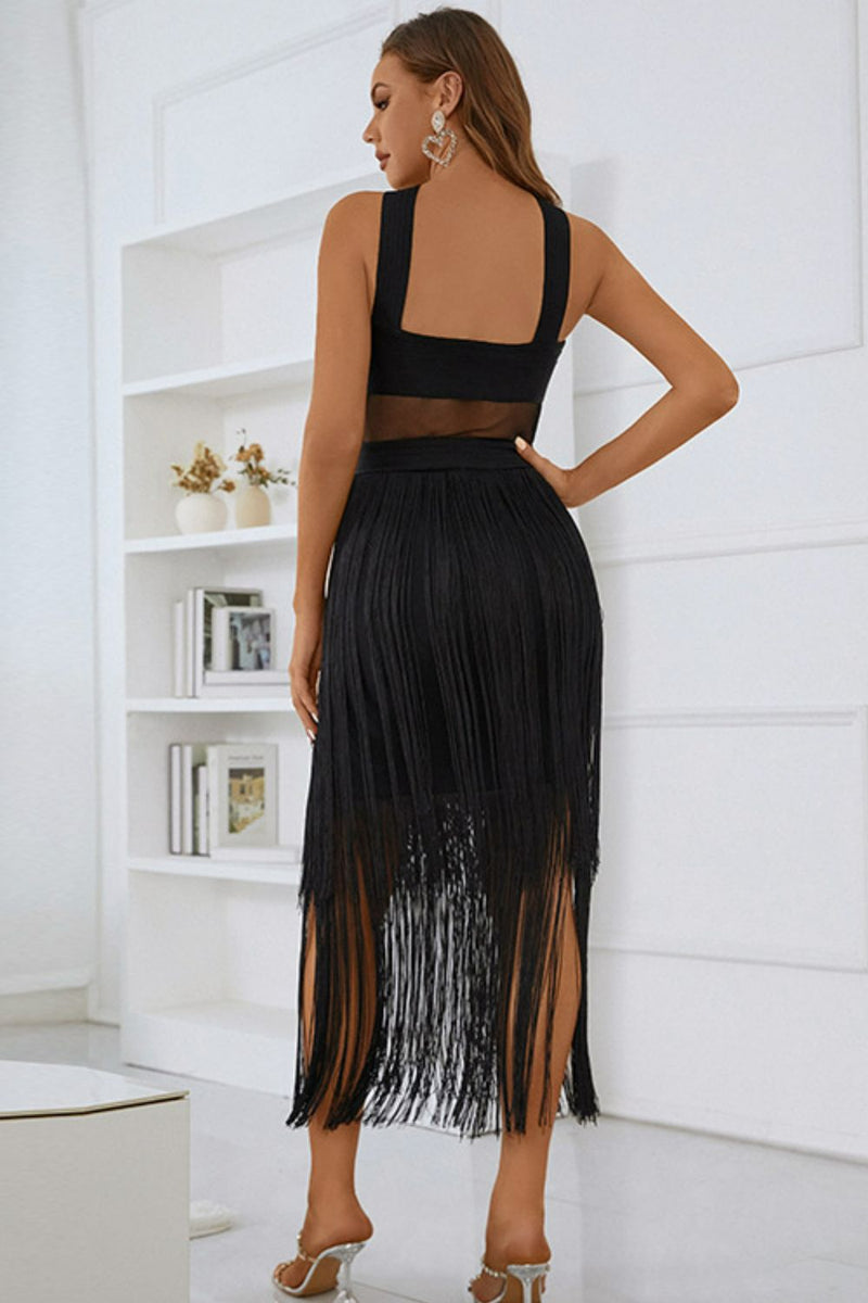 Spliced Mesh Fringe Hem Sleeveless Dress - AnnieMae21