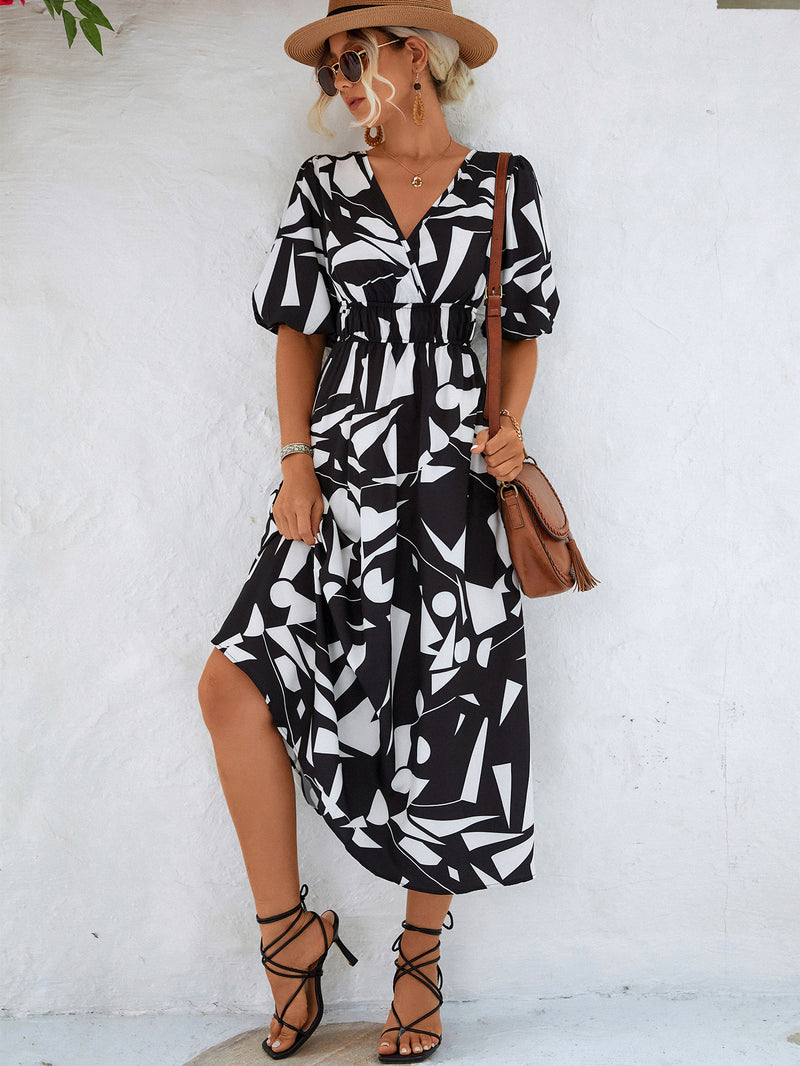 Printed Surplice Balloon Sleeve Dress - AnnieMae21