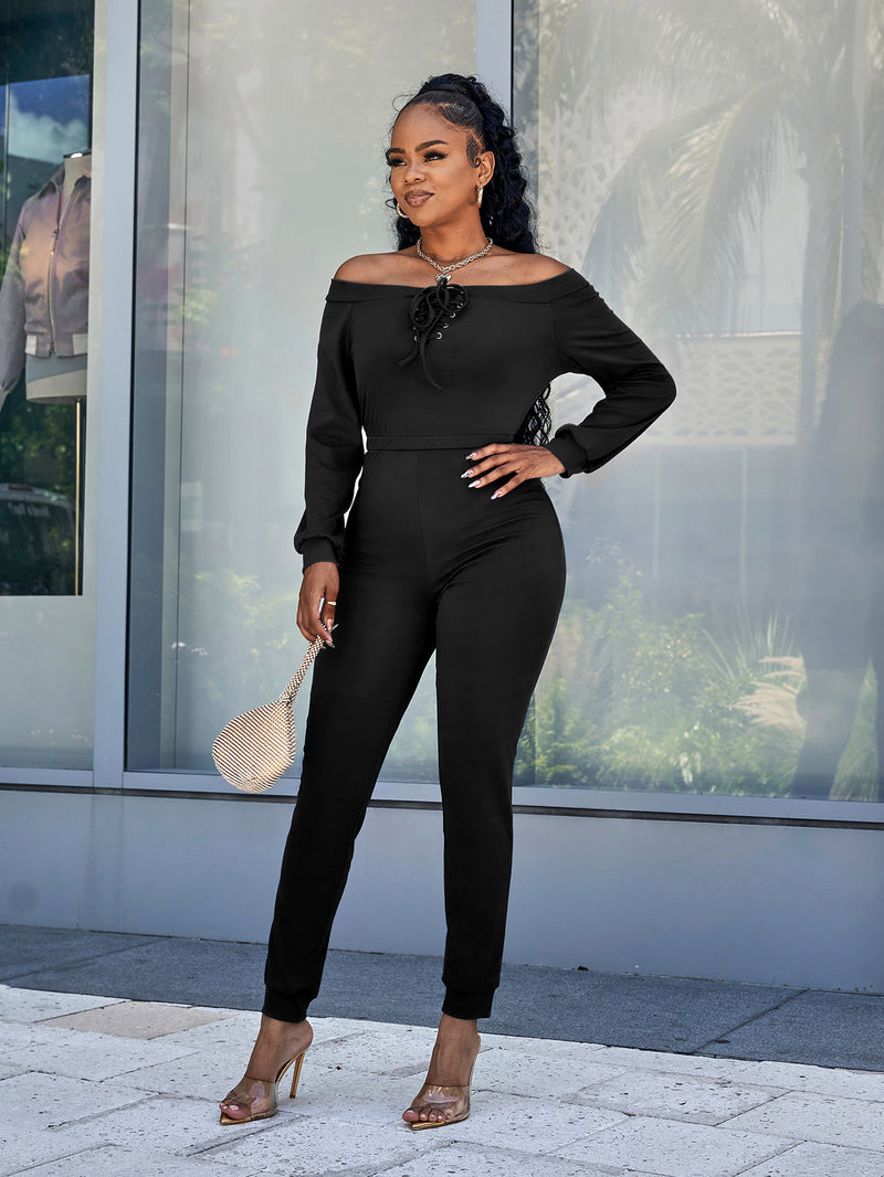 Lace-Up Off-Shoulder Long Sleeve Jumpsuit - AnnieMae21