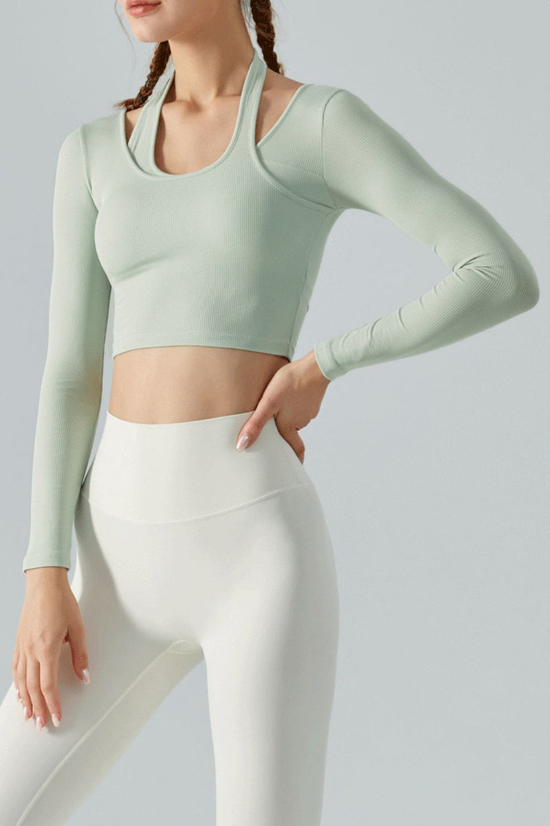 Halter Neck Long Sleeve Cropped Sports Top - AnnieMae21