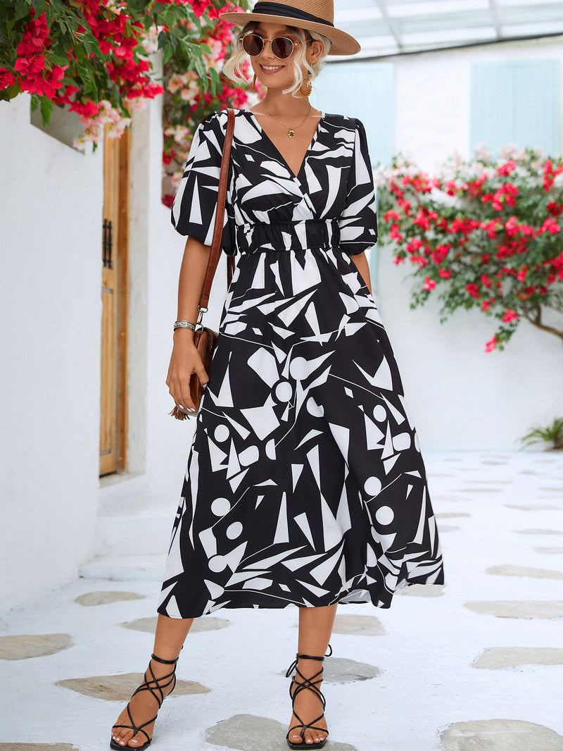 Printed Surplice Balloon Sleeve Dress - AnnieMae21