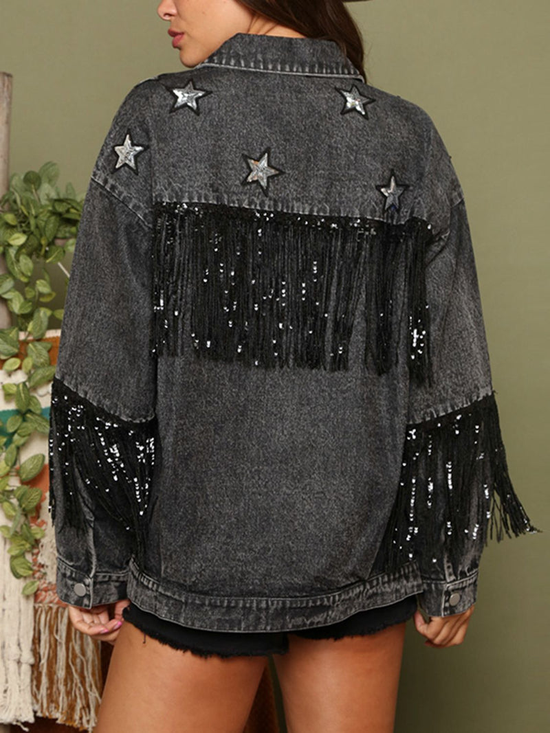 Fringe Detail Long Sleeve Denim Jacket - AnnieMae21