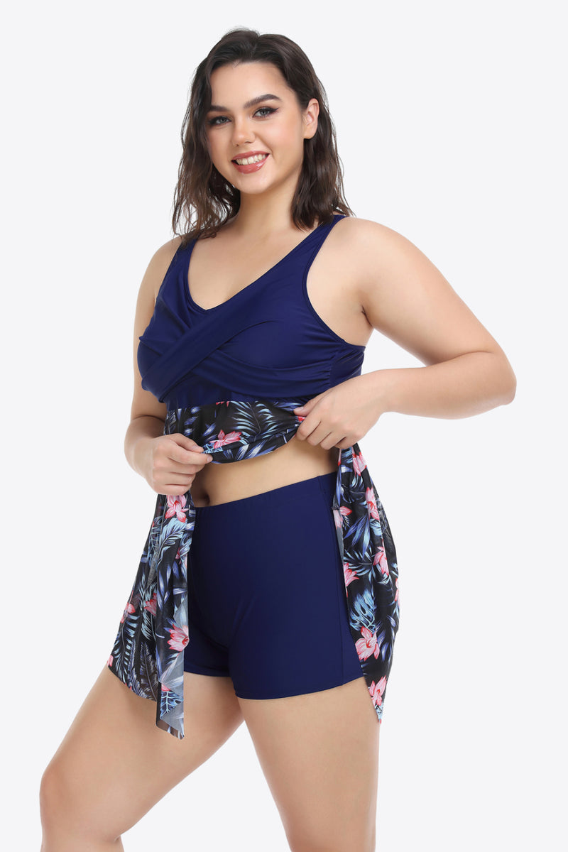 Plus Size Floral Two-Tone Asymmetrical Hem Two-Piece Swimsuit - AnnieMae21