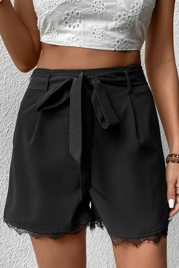 Tie Belt Lace Trim Shorts - AnnieMae21