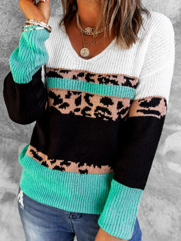 Leopard Color Block V-Neck Rib-Knit Sweater - AnnieMae21