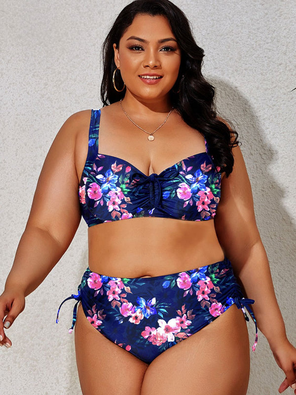 Plus Size Printed Drawstring Detail Bikini Set - AnnieMae21